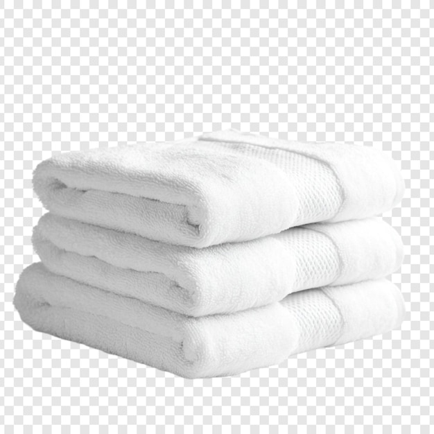 Una pila de tres lujosas toallas de baño blancas suaves, esponjosas, absorbentes, hoteles, calidad, limpieza, frescura, spa, higiene del baño.