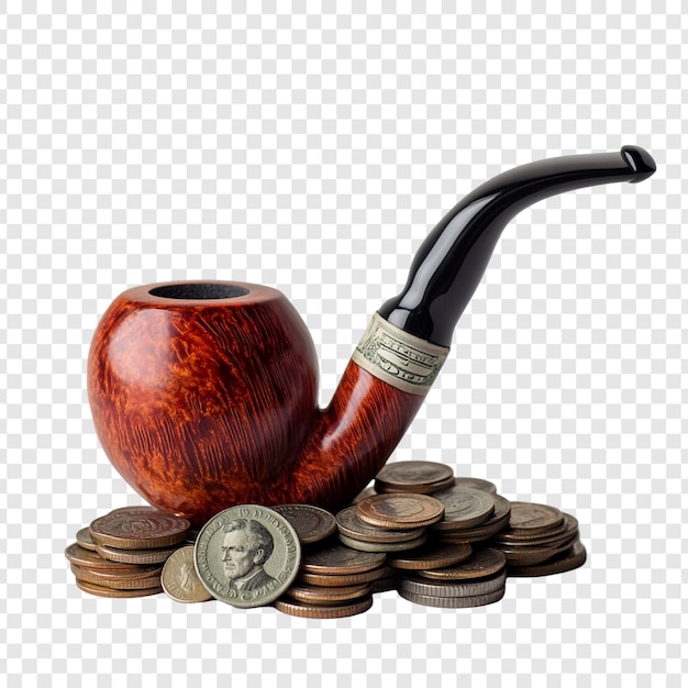 Una pipa de tabaco en una pila de monedas