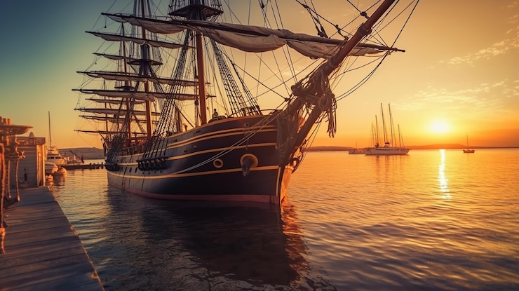 Gratis PSD piratenhaven met uitzicht op oud zeilschip generatieve ai