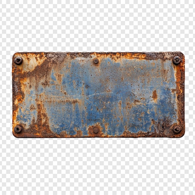 Placa metálica oxidada rectangular de color azul rústico y naranja