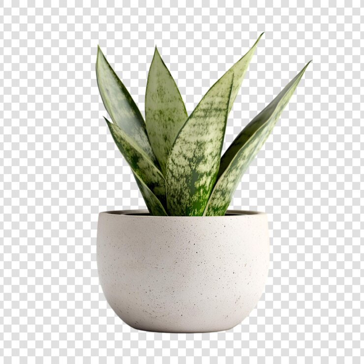Planta de serpiente en una elegante olla gris sobre un fondo transparente