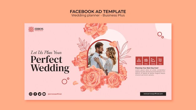 Plantilla de anuncio de facebook de planificador de bodas de diseño plano