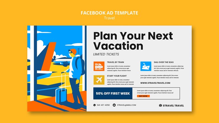 PSD gratuito plantilla de anuncio de facebook de viaje de diseño plano