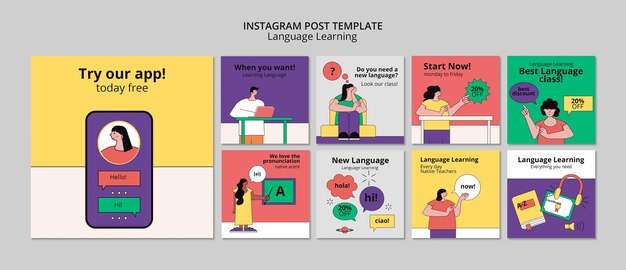 Plantilla de aprendizaje de idiomas de diseño plano