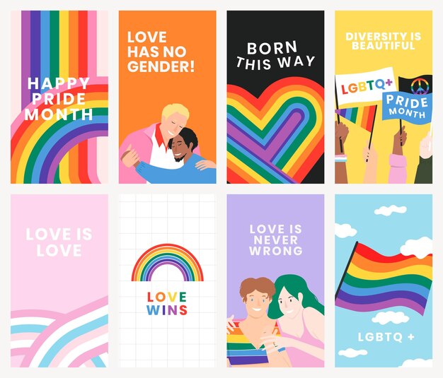 Plantilla de arco iris psd mes del orgullo LGBTQ con texto de amor gana