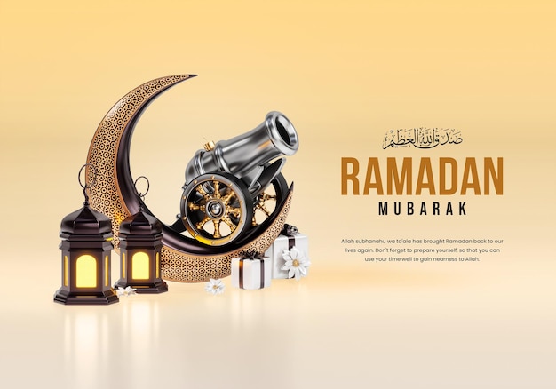 Plantilla de banner 3d de ramadan kareem con cañón árabe y objetos de decoración islámica