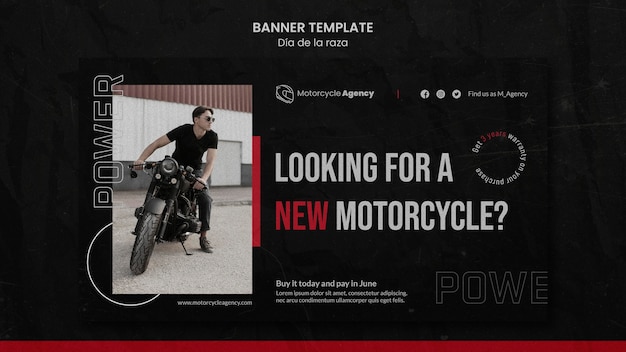 Plantilla de banner para agencia de motos con piloto masculino.