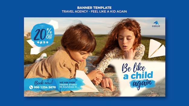 Plantilla de banner de agencia de viajes niña y niño