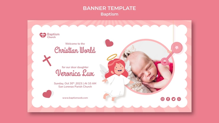 PSD gratuito plantilla de banner de bautismo de diseño plano