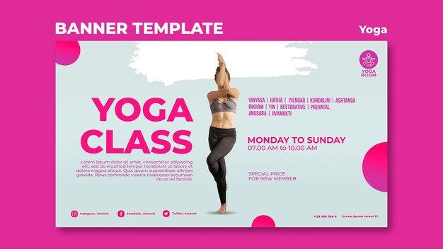 Plantilla de banner para clase de yoga con mujer.