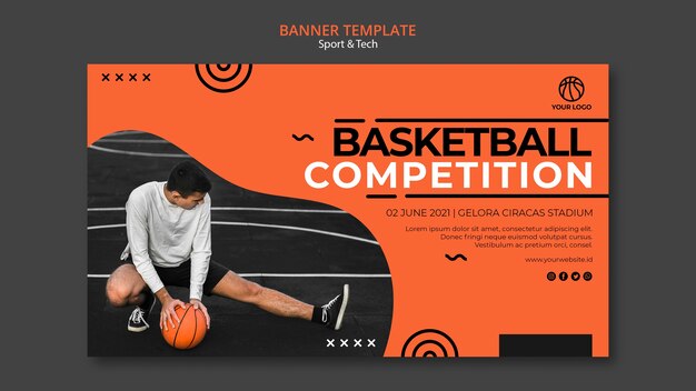 Plantilla de banner de competencia y hombre de baloncesto