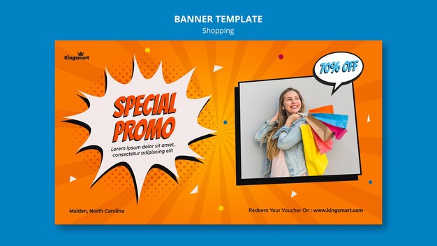 Plantilla de banner para compras con mujer sosteniendo bolsas de compras