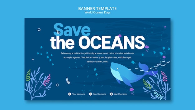 Plantilla de banner con concepto del día mundial del océano