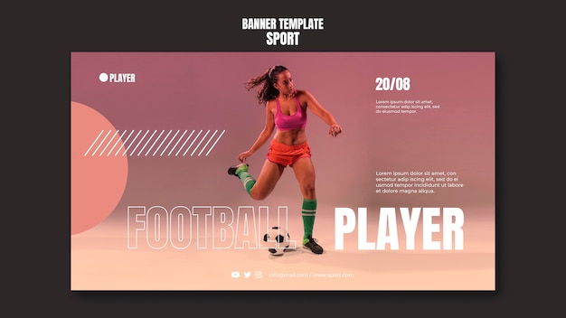 Plantilla de banner deportivo con foto de mujer jugando al fútbol