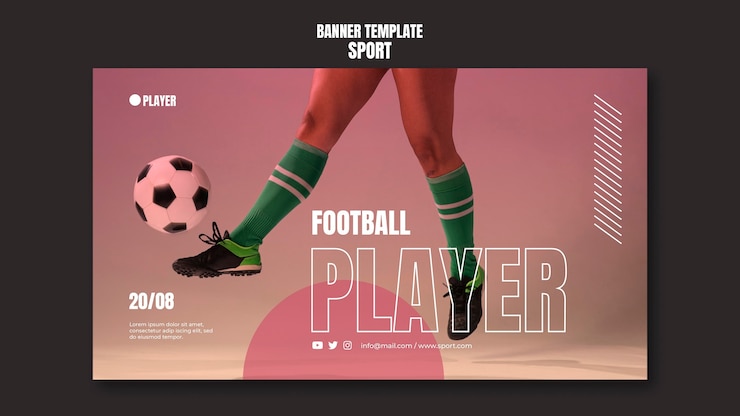 PSD gratuito plantilla de banner deportivo con foto de mujer jugando al fútbol
