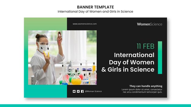 Plantilla de banner del día de la mujer y la niña en la ciencia