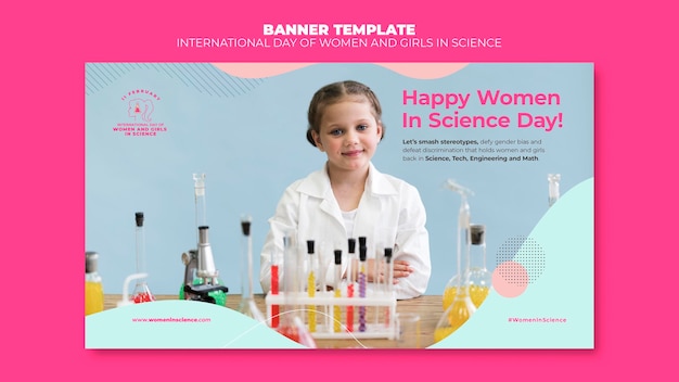 Plantilla de banner del día de la mujer y la niña en la ciencia