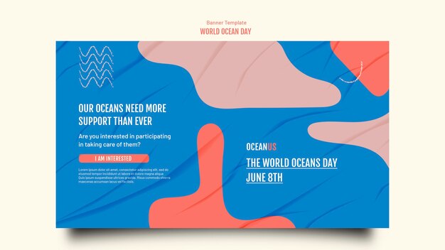 Plantilla de banner del día mundial del océano de diseño plano