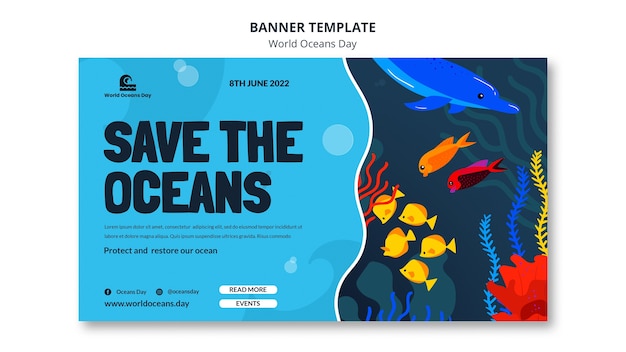 Plantilla de banner del día mundial de los océanos de diseño plano