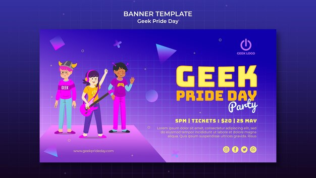 Plantilla de banner de día del orgullo geek con gente animando