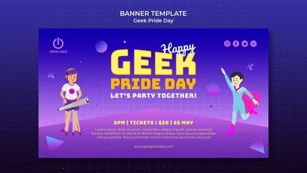 Plantilla de banner de día del orgullo geek con gente feliz