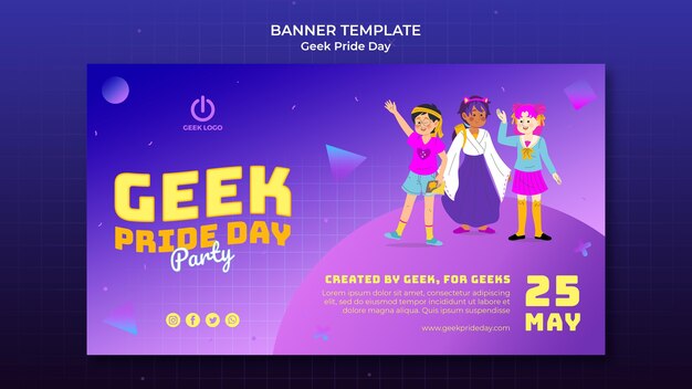 Plantilla de banner del día del orgullo geek con personas disfrazadas