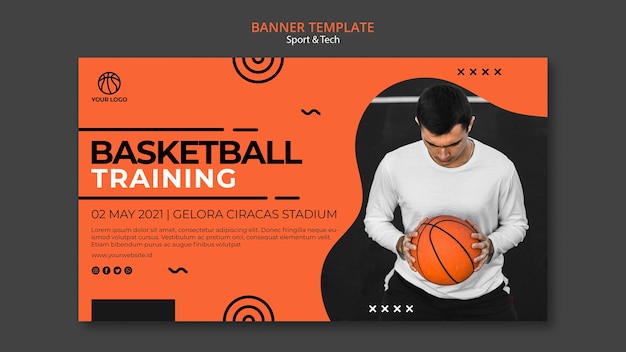 Plantilla de banner de entrenamiento y hombre de baloncesto