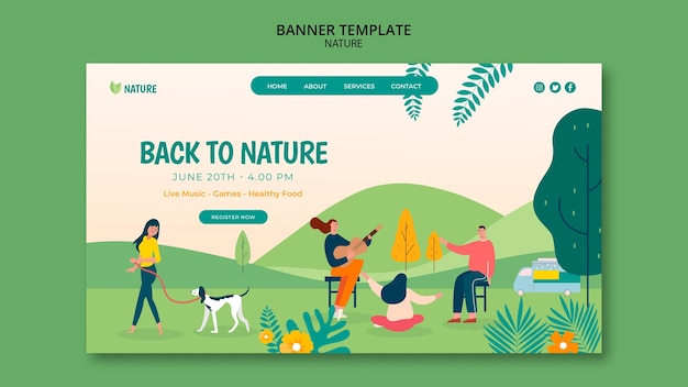 PSD gratuito plantilla de banner de entretenimiento de naturaleza de diseño plano