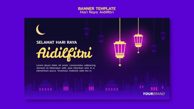 Plantilla de banner de hari raya aidilfitri con luna y linternas