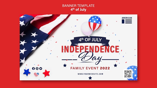 Plantilla de banner horizontal del 4 de julio con confeti