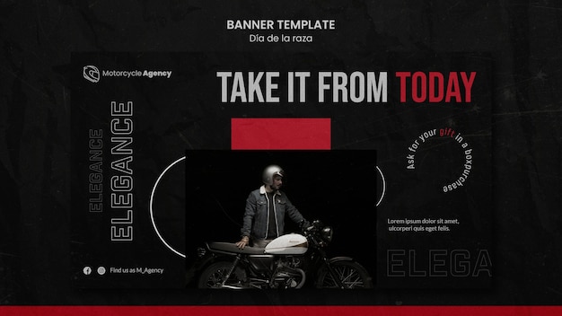 Plantilla de banner horizontal para agencia de motocicletas con piloto masculino