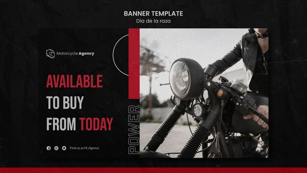 Plantilla de banner horizontal para agencia de motocicletas con piloto masculino