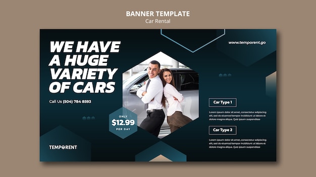 Plantilla de banner horizontal de alquiler de coches con formas hexagonales