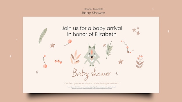 Plantilla de banner horizontal de baby shower con vegetación y zorro