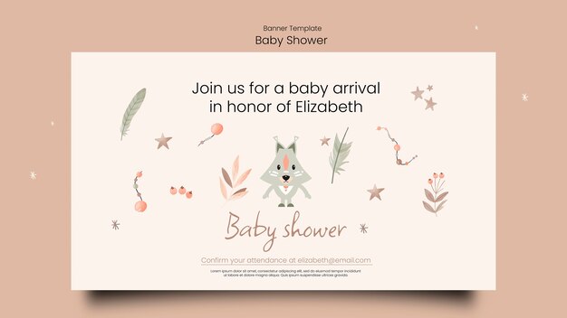 Plantilla de banner horizontal de baby shower con vegetación y zorro