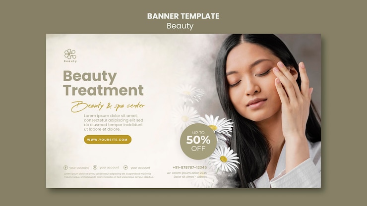 PSD gratuito plantilla de banner horizontal para belleza y spa con flores de manzanilla y mujer