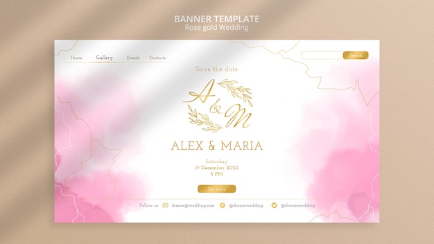 PSD gratuito plantilla de banner horizontal de boda de oro rosa acuarela