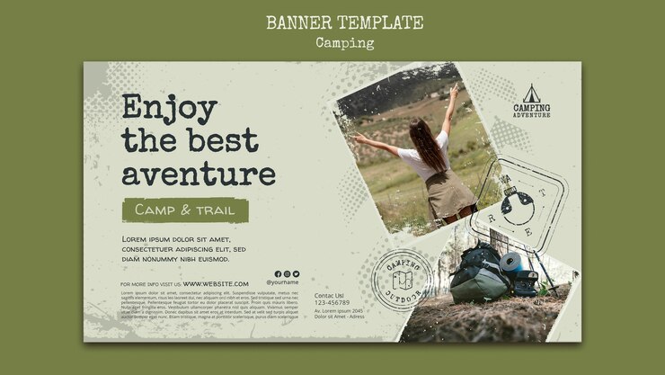 PSD gratuito plantilla de banner horizontal de camping con diseño de puntos