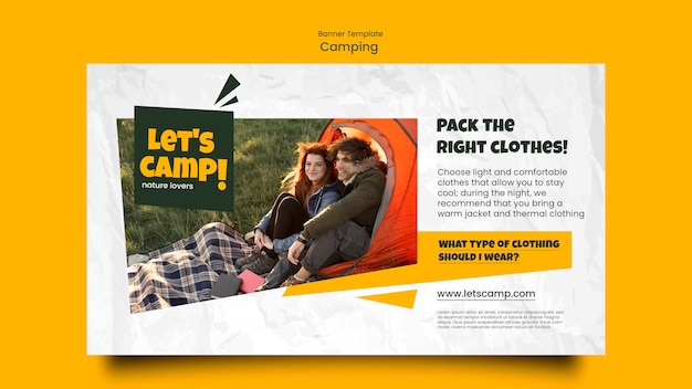 PSD gratuito plantilla de banner horizontal de camping con efecto de papel arrugado