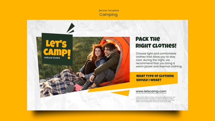 PSD gratuito plantilla de banner horizontal de camping con efecto de papel arrugado