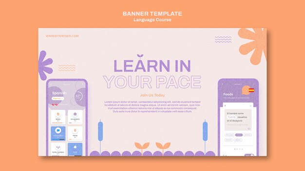 Plantilla de banner horizontal de clases de idiomas extranjeros en estilo floral