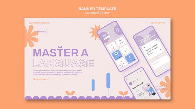 Plantilla de banner horizontal de clases de idiomas extranjeros en estilo floral