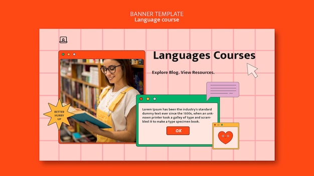 Plantilla de banner horizontal de clases de idiomas extranjeros en estilo de interfaz de computadora