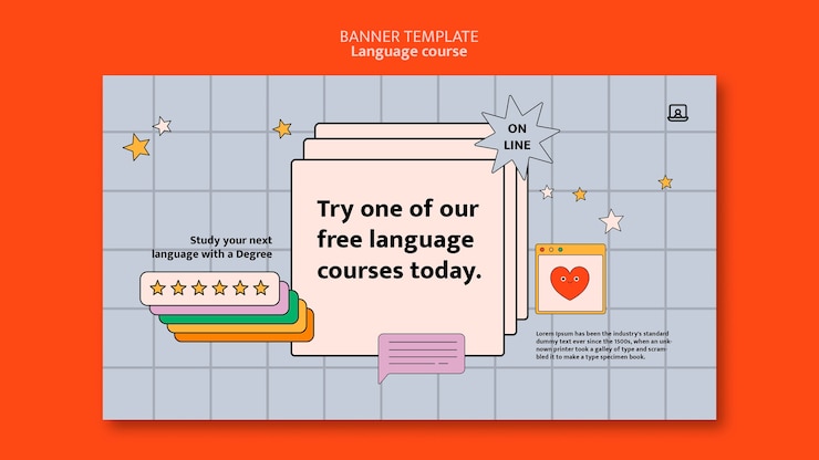 PSD gratuito plantilla de banner horizontal de clases de idiomas extranjeros en estilo de interfaz de computadora