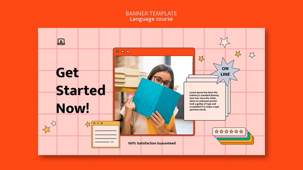 Plantilla de banner horizontal de clases de idiomas extranjeros en estilo de interfaz de computadora