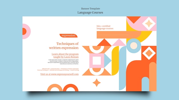 Plantilla de banner horizontal de clases de idiomas extranjeros con formas geométricas