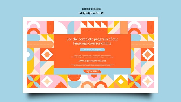 Plantilla de banner horizontal de clases de idiomas extranjeros con formas geométricas