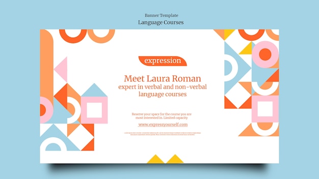 Plantilla de banner horizontal de clases de idiomas extranjeros con formas geométricas
