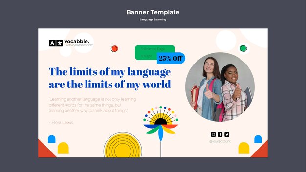 Plantilla de banner horizontal de clases de idiomas con flores abstractas