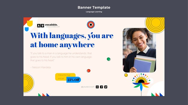 Plantilla de banner horizontal de clases de idiomas con flores abstractas